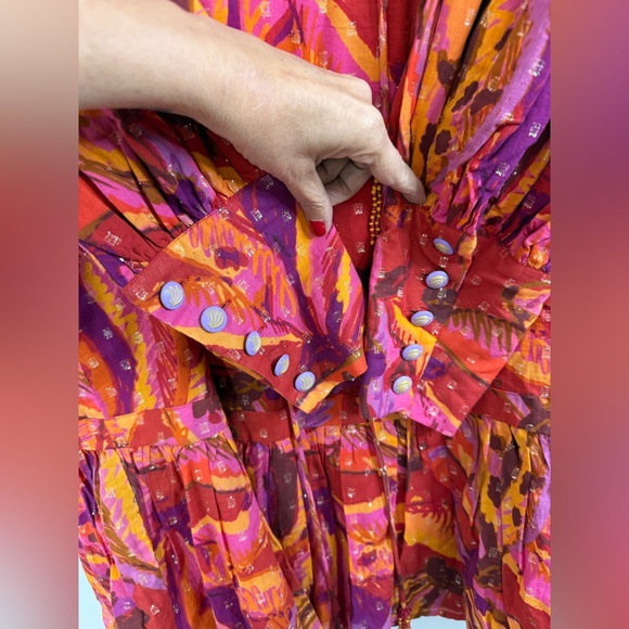 Farm Rio banana juice, pink and red, tropical, long sleeve tiered, mini dress L - Picture 5 of 12